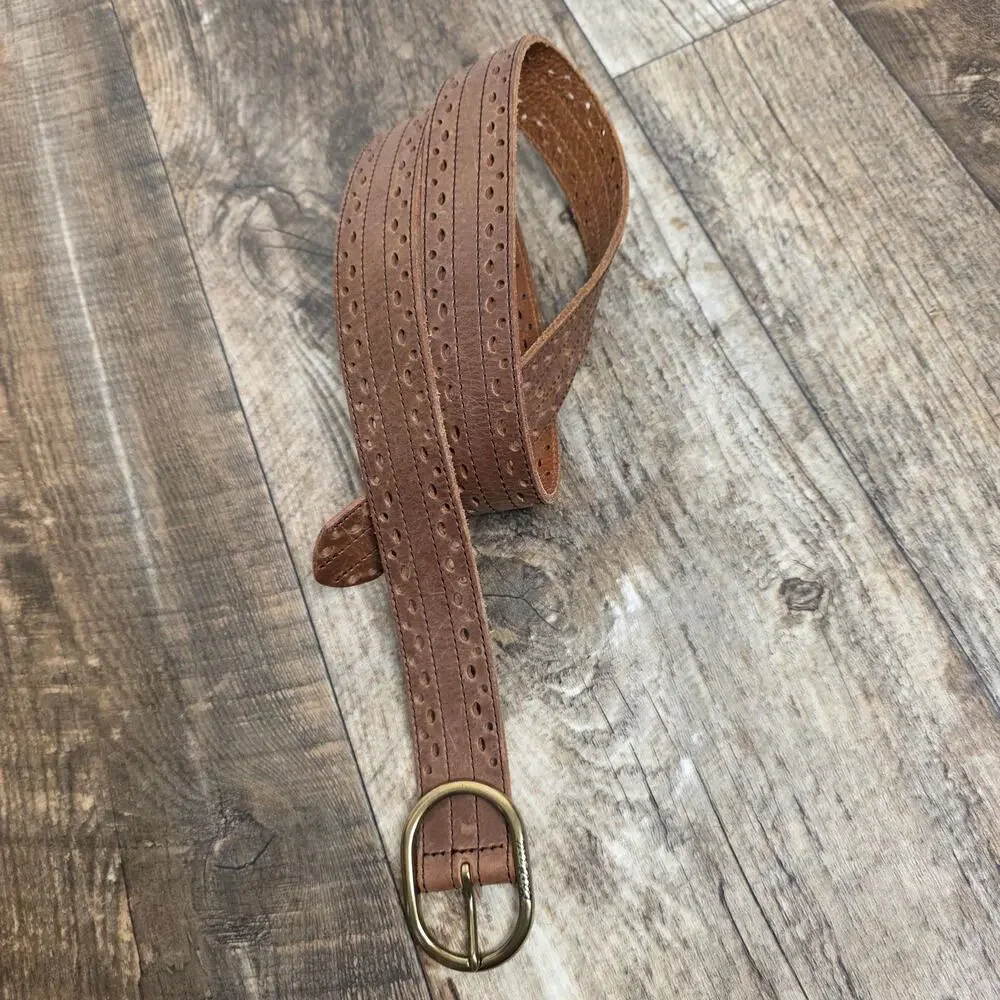 Carhartt Brown Leather Belt XL Perforated Oval Buckle Genuine Cowhide Casual